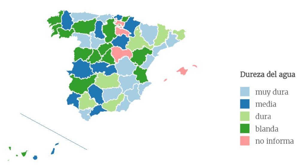 mapa de la dureza del agua de las capitales de provincia en España a 25 de septiembre de 2025 según los datos del SINAC