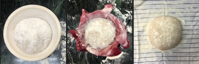 Masa de pan sin amasar reposando en banneton, bol con servilleta o trapo enharinado