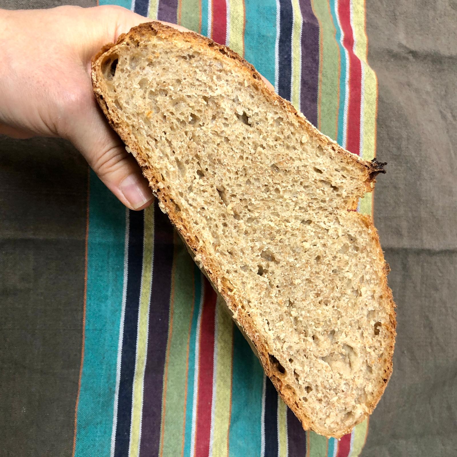 Sección de una hogaza de pan casero de harina ecológica y harina integral de trigo